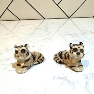 vintage mini resting tiger kitten figurines x2 handcrafted real fur 70s 80s